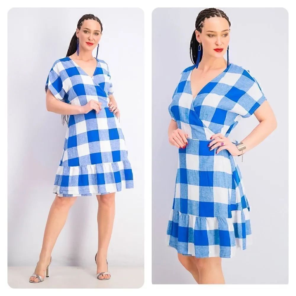 Old Navy Size Large Petite LP Blue & White Plaid Linen Summer Wrap Dress